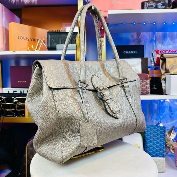 Fendi Selleria Silver Metallic Calf Skin Leather Linda Pebble Large Tote Hand Ba - Picture 2 of 14